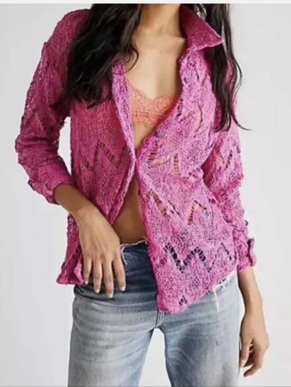 Free People Magenta Pink Until Sundown Crochet Lace Button Down Shirt Womens XS
